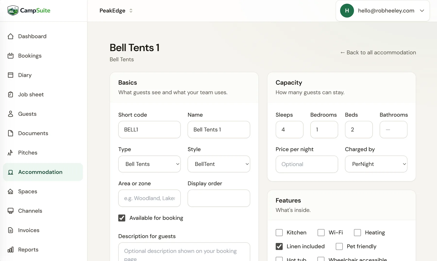 CampSuite™ accommodation editor for a bell tent showing capacity, pricing and amenities