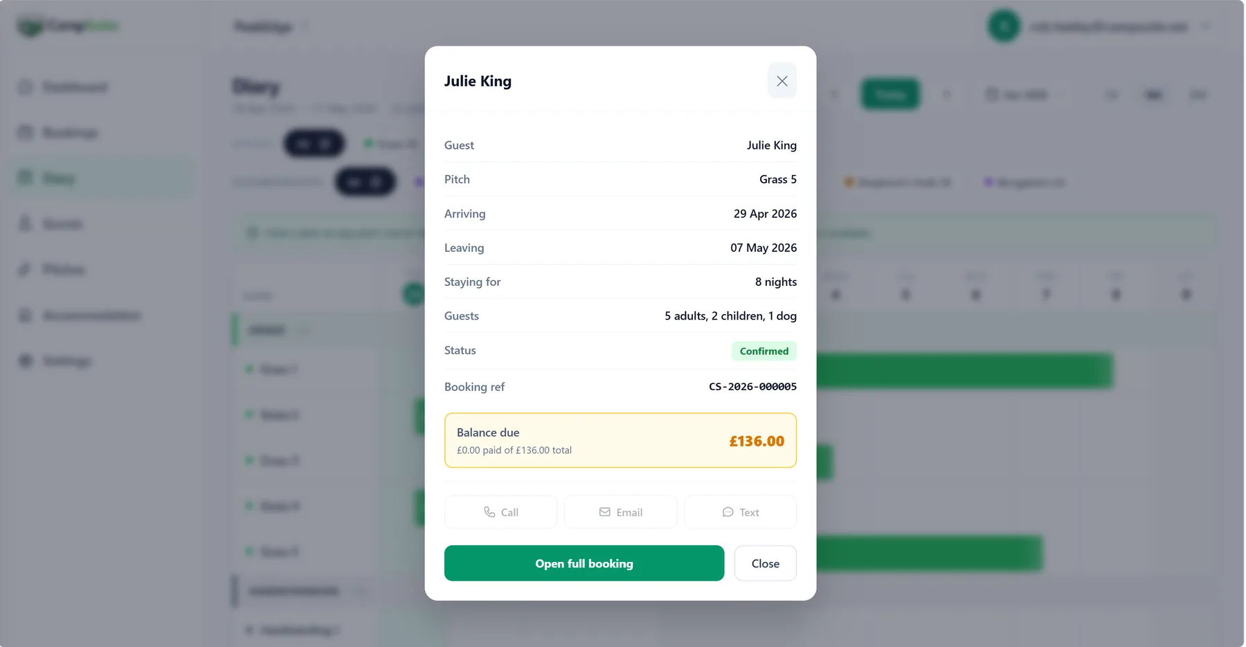 CampSuite™ booking details screen showing a guest's stay, pitch and balance