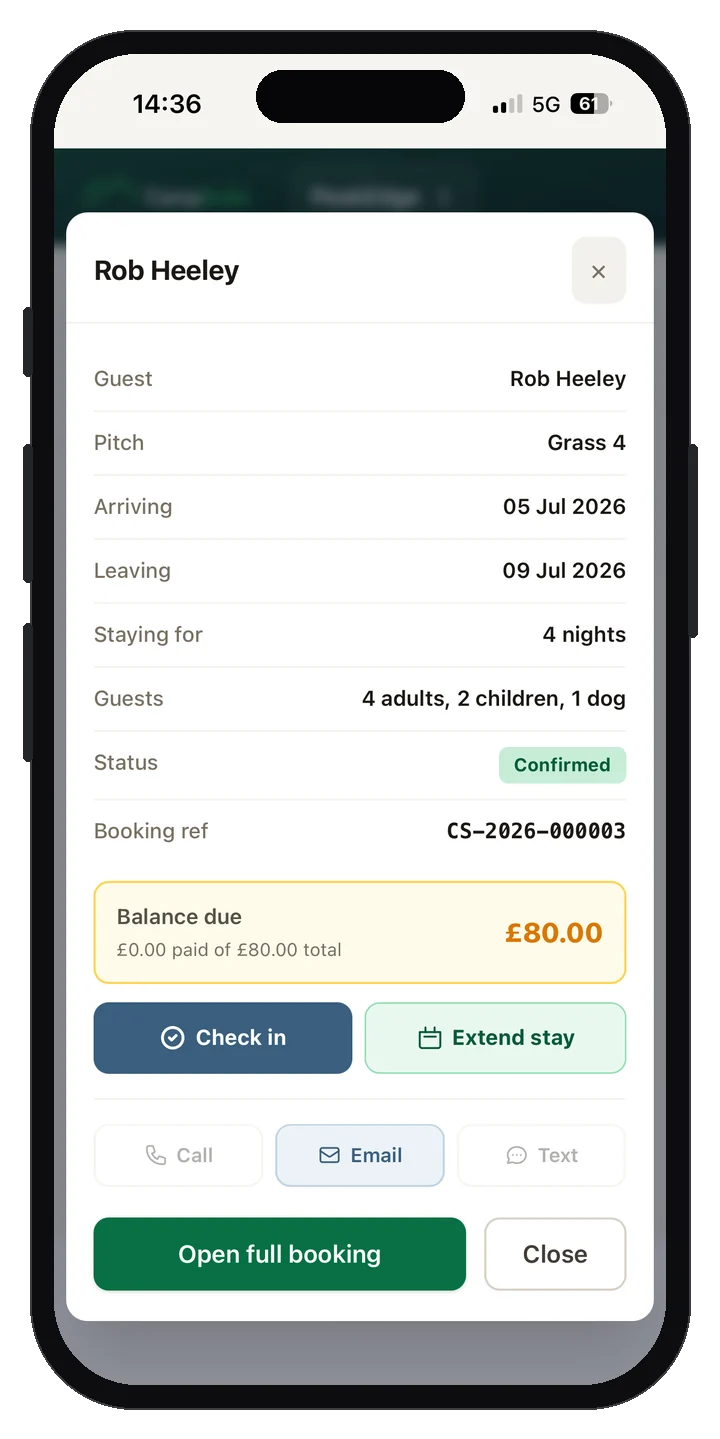A booking's details on a phone with check-in, extend stay and contact options