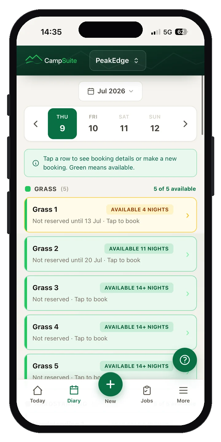 CampSuite diary on a phone showing pitches and bookings across the week
