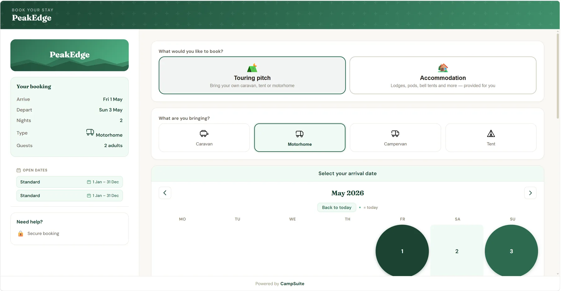 Guest-facing booking page showing pitch type and date selection