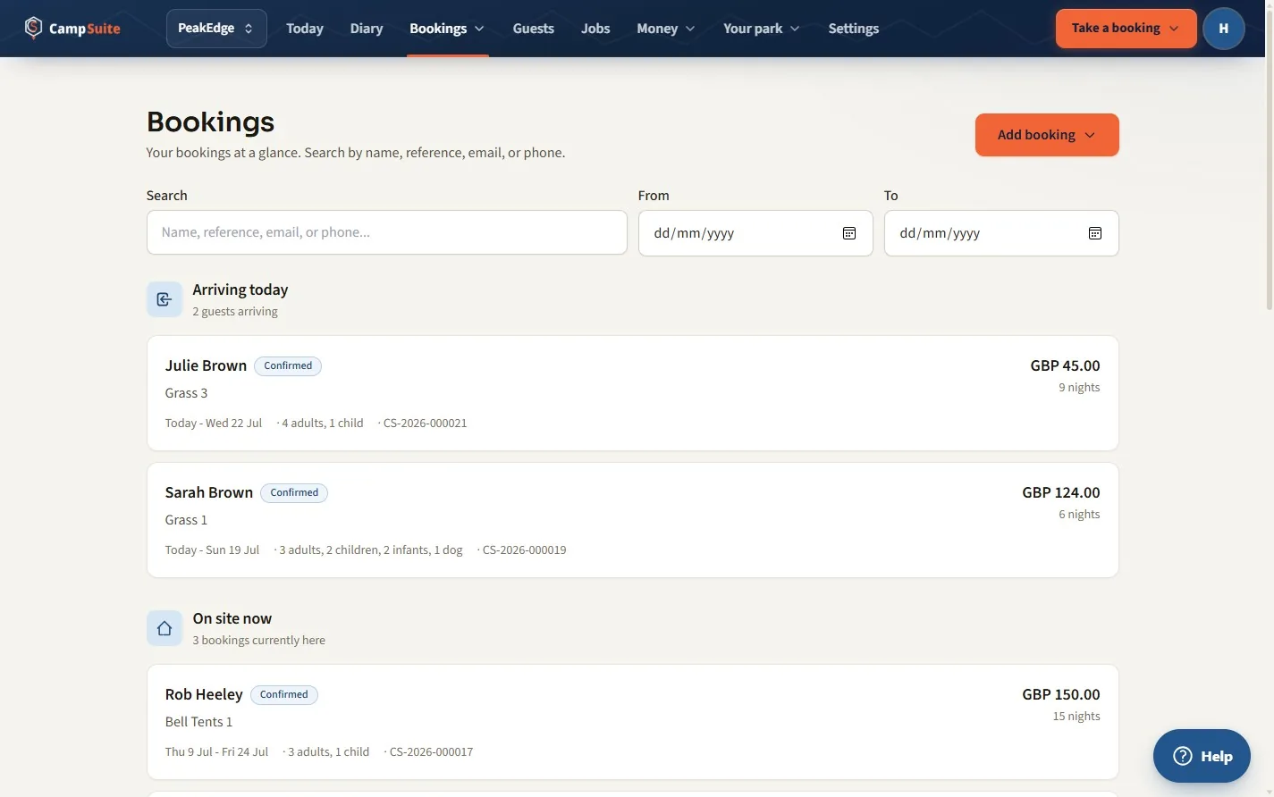 The CampSuite bookings list, showing every booking with dates, pitch, guests and price