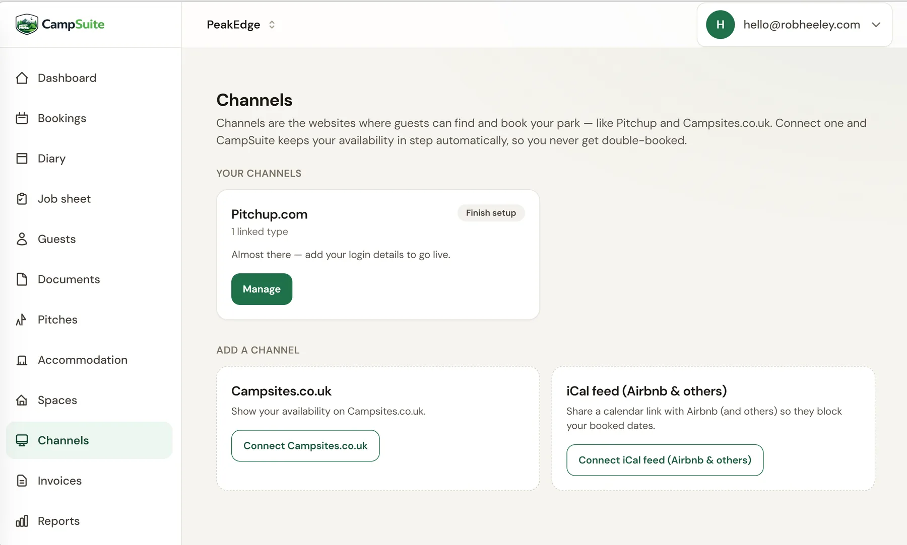 CampSuite™ channel manager showing Pitchup, Campsites.co.uk and iCal feed connections