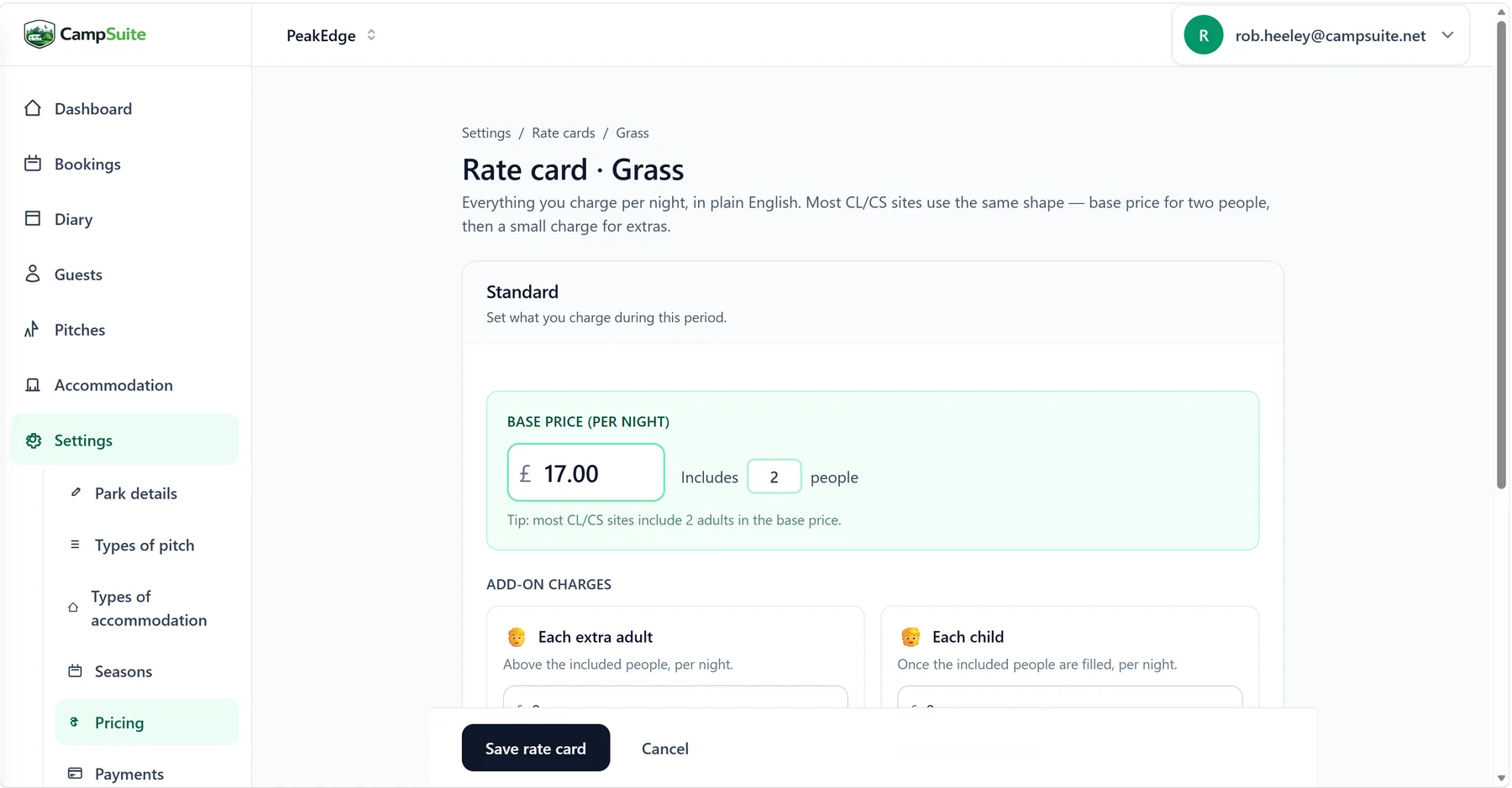 CampSuite™ rate card screen for setting prices per pitch type and season