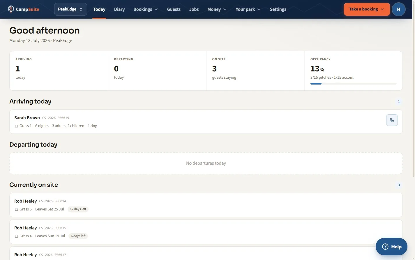 The CampSuite dashboard showing today's arrivals, on-site guests, departures and occupancy at a glance