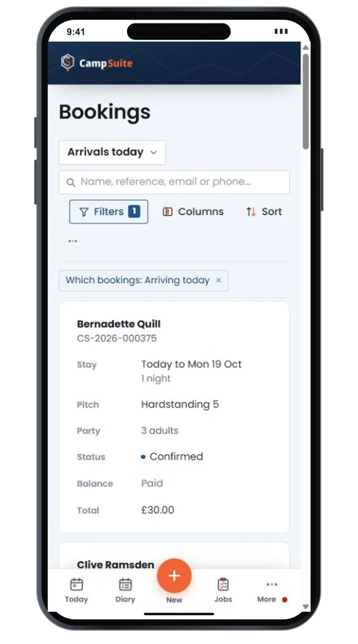 CampSuite arrivals on an iPhone, showing sample guests, their pitches, stay dates and balances