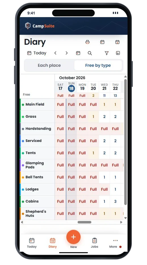 CampSuite availability on a phone, with free places by pitch type and date