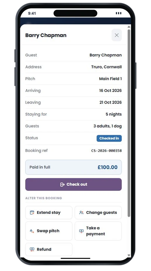 A booking's details on a phone: guest, pitch, dates, party, status and paid in full, with a button to check out