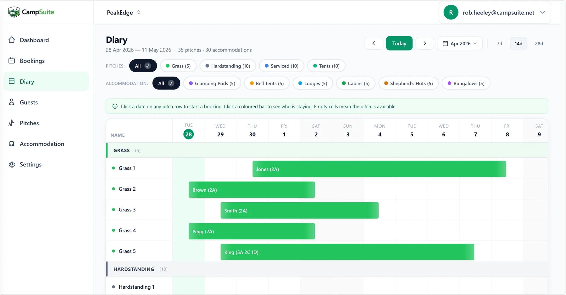 CampSuite™ diary view showing pitches and bookings on a calendar timeline