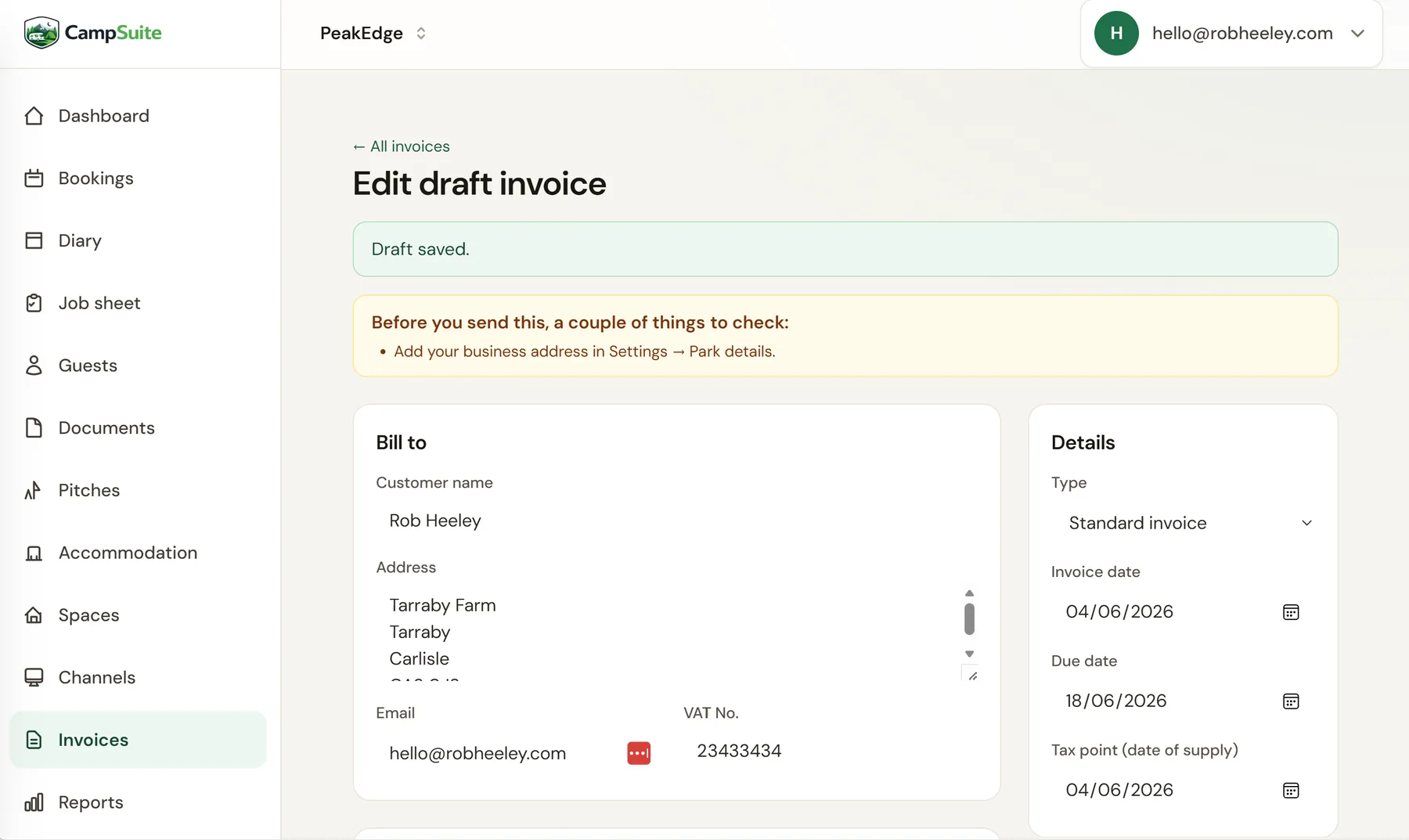 CampSuite™ draft invoice editor showing bill-to details, invoice date, due date and tax point
