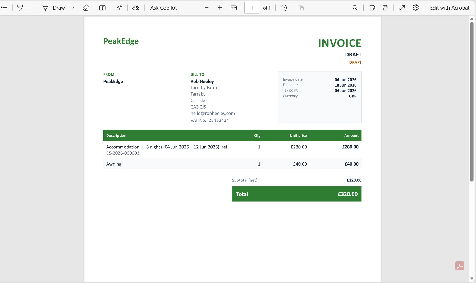 A finished, legally compliant VAT invoice generated by CampSuite™