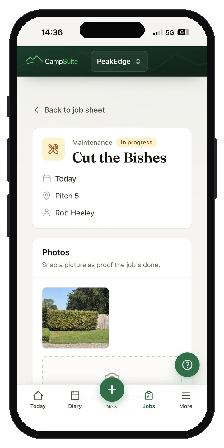 A job sheet on a phone showing a maintenance task with photo proof