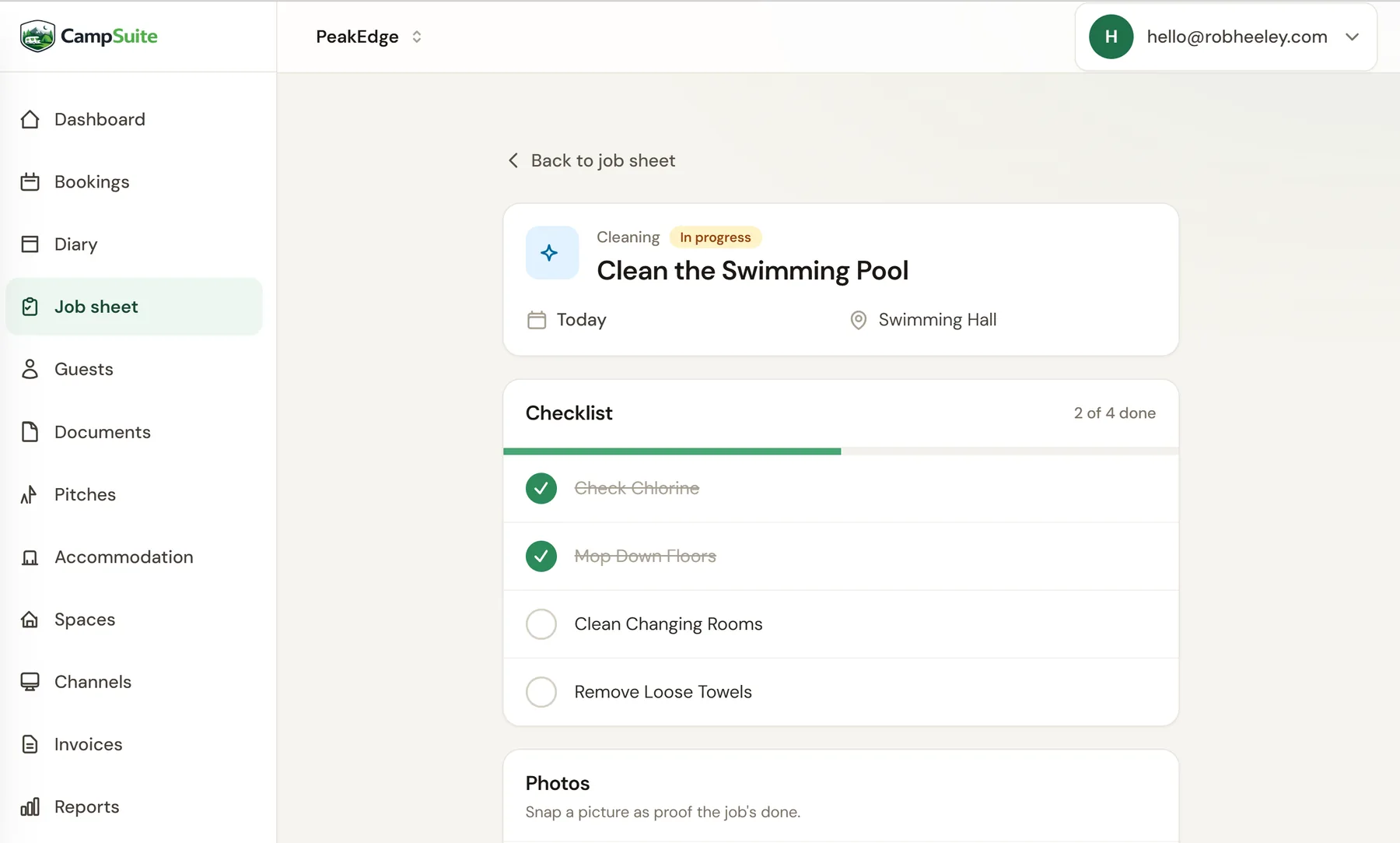 CampSuite™ job sheet task with a step-by-step checklist and photo proof