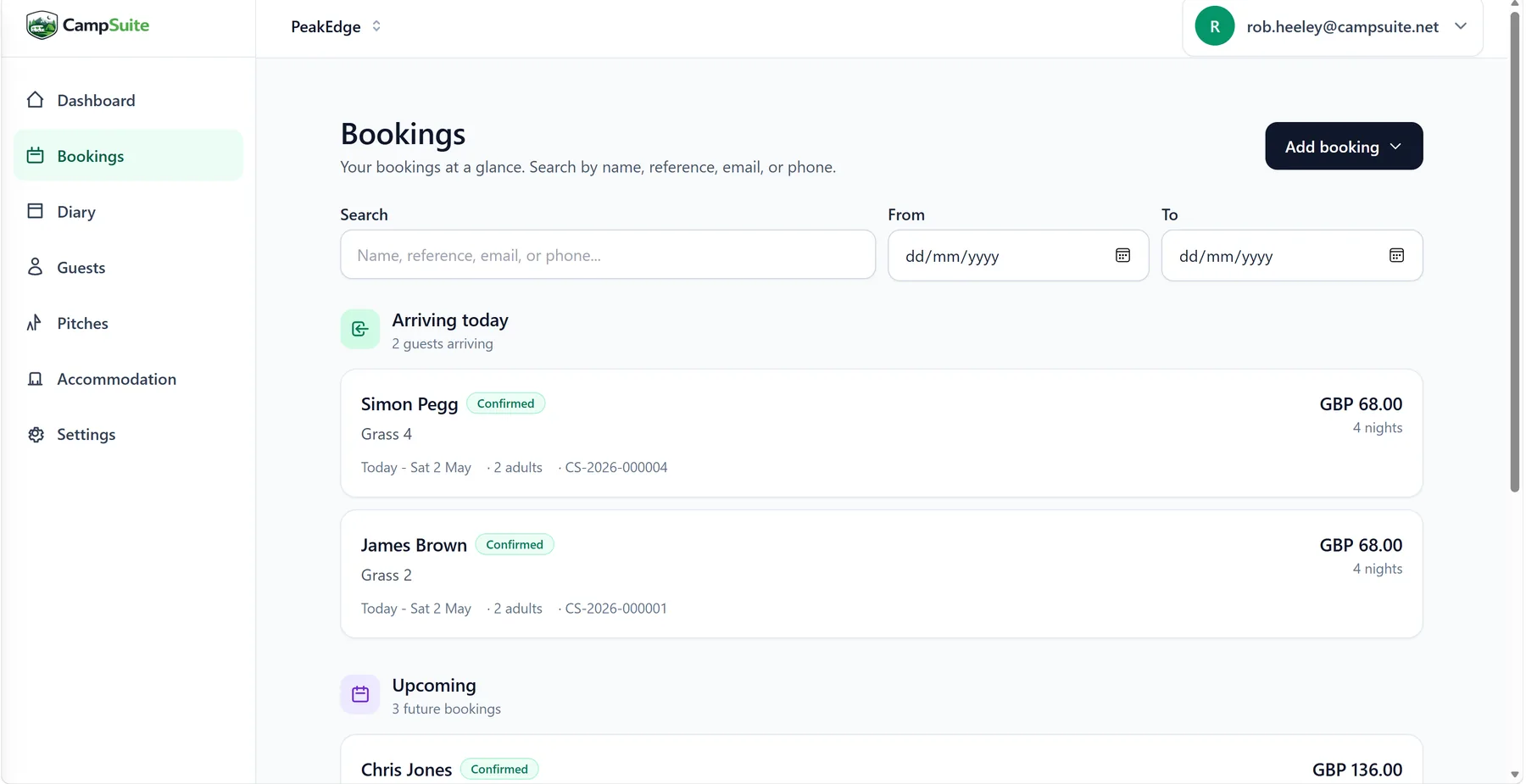 CampSuite™ bookings list showing arrivals, departures and on-site guests